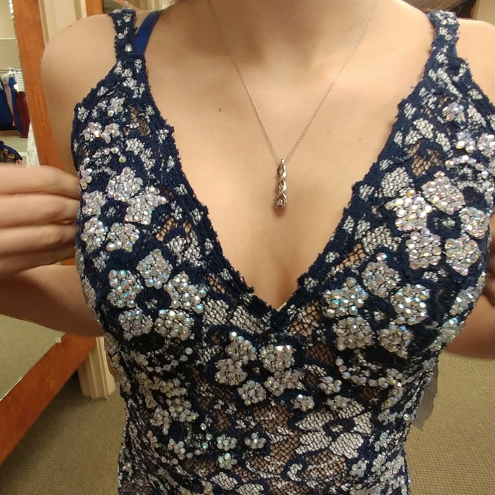 Jovani Navy and Silver Floral Sequin Dress